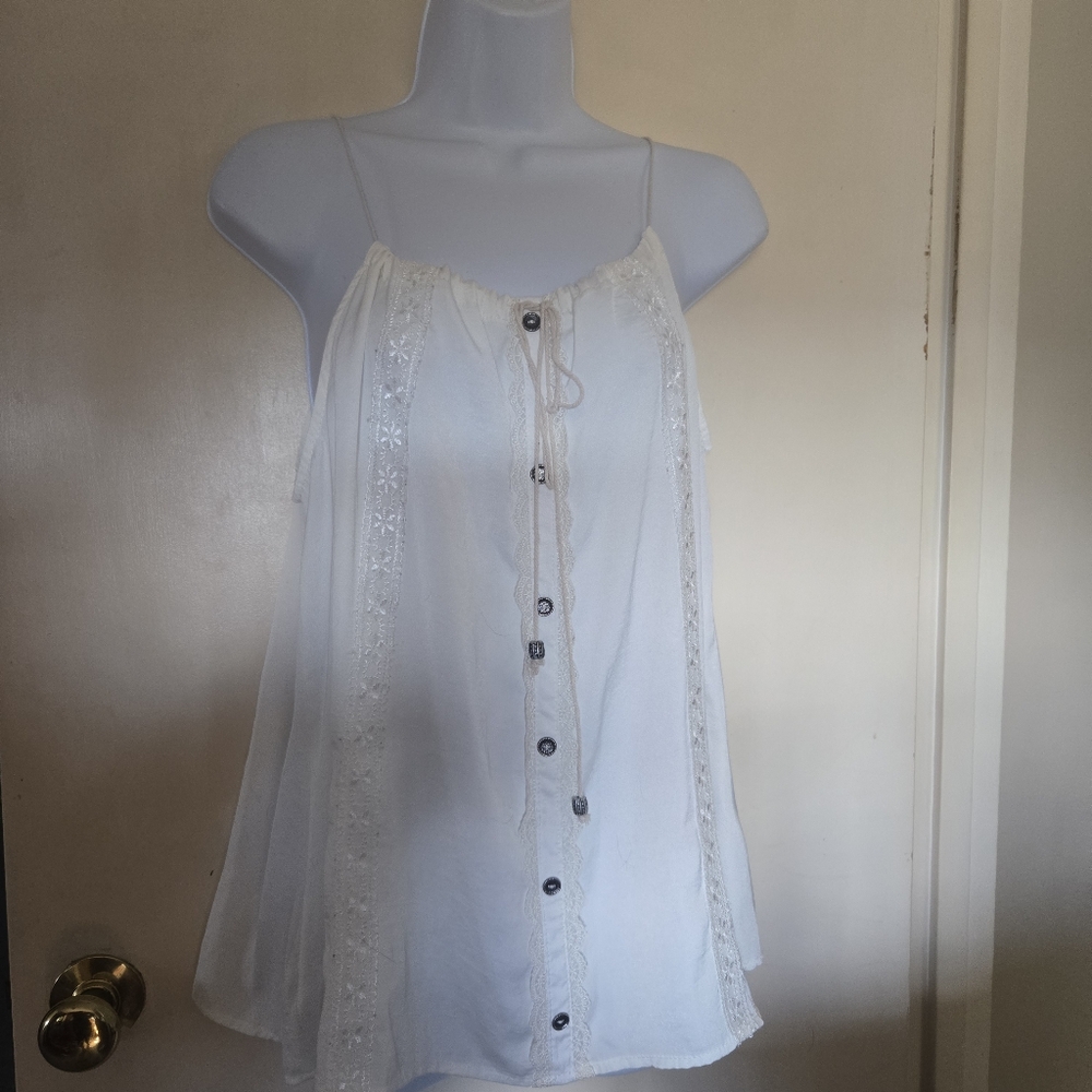 Pol Woman's White- Fully Adjustable Tie Front Lace Detail Tank Top- Size Medium